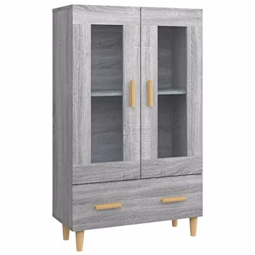 vidaXL Scandinavian Grey Highboard with Glass Doors and Internal Shelves, W/D/H: 70 x 31 x 115 cm