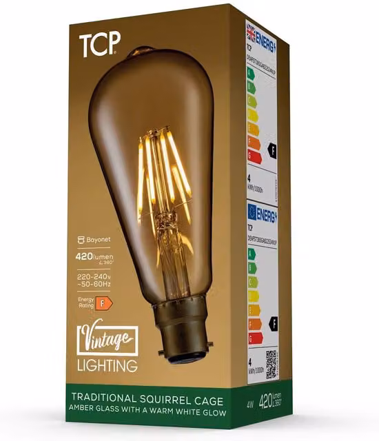 TCP Filament Traditional ST64 LED Bulb, B22, 420 Lumen, Warm White, Transparent Glass