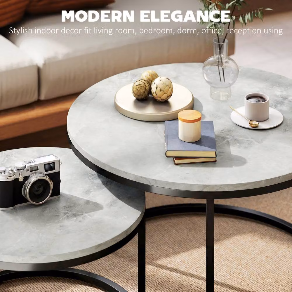 HOMCOM 2 Piece Nesting Coffee Table Set with Grey Steel Frame – 3