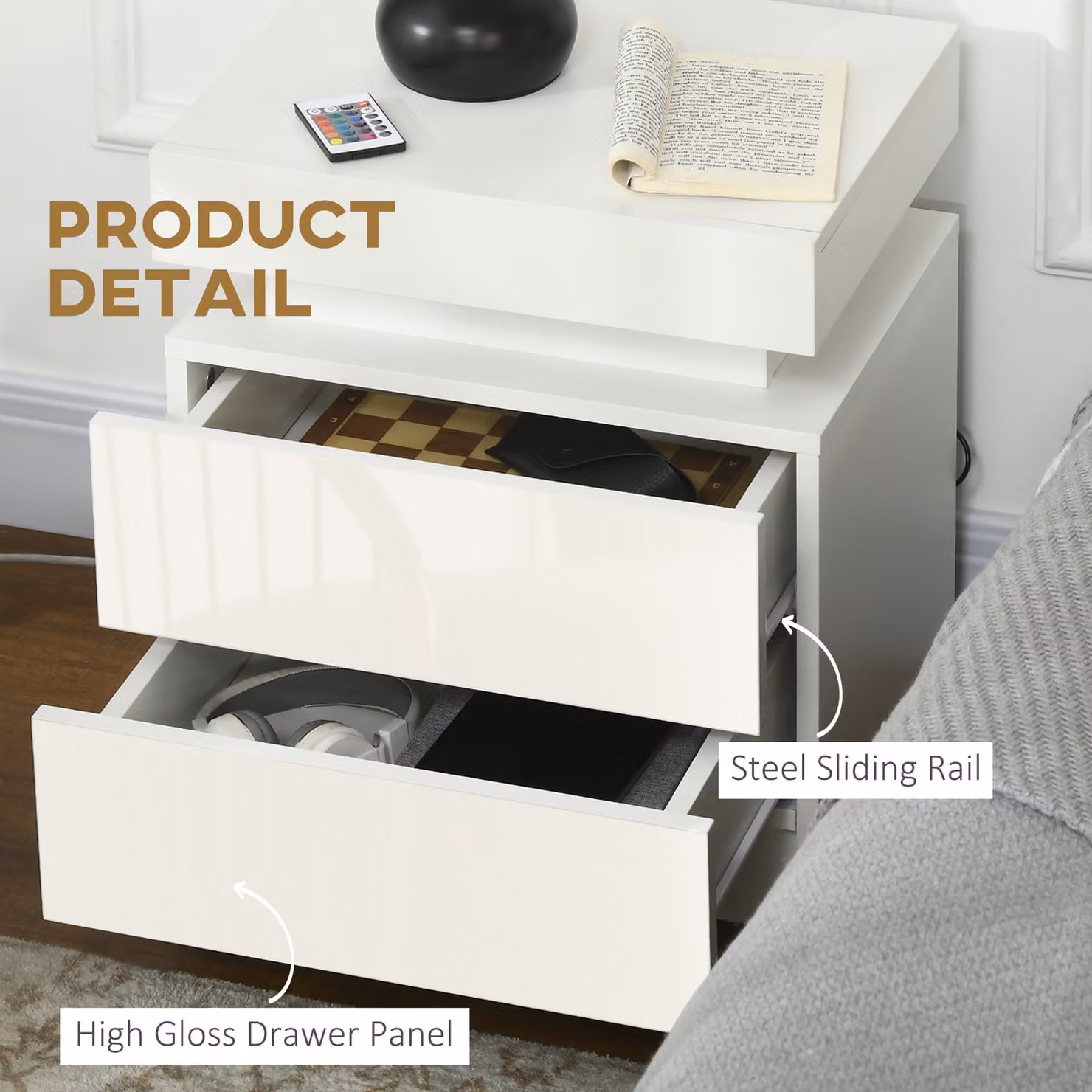 HOMCOM White High Gloss Bedside Cabinet with Integrated LED Light and 2 Drawers – 3