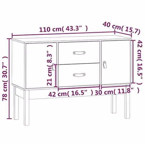 vidaXL Honey Brown Solid Pine Wood Sideboard - Modern Rustic Cabinet with 2 Drawers and 2 Compartments for Living Room and Bedroom W/D/H: 110 x 40 x 76 cm – 3