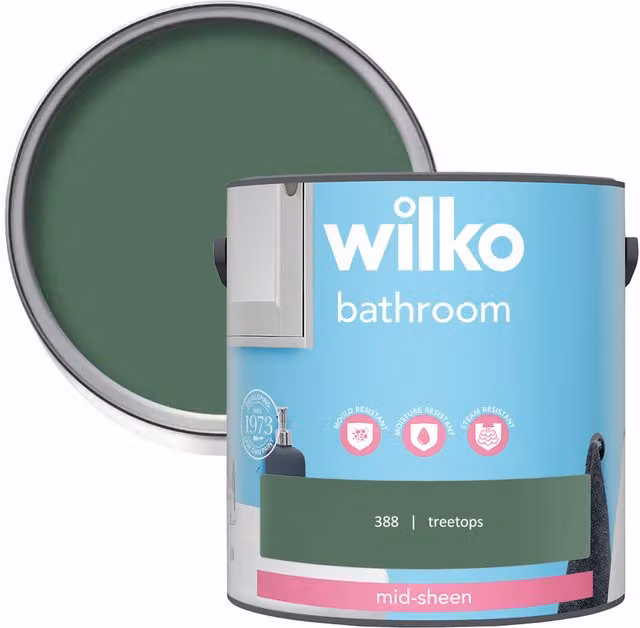 wilko Mid Sheen Emulsion Bathroom Paint, Treetops Green, 2.5 l
