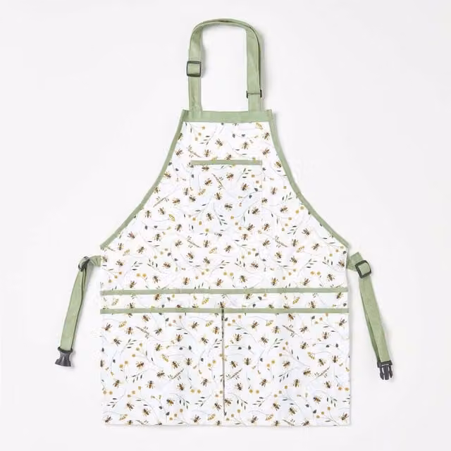 Homescapes Green and White Gardening Apron with Floral Bee Design