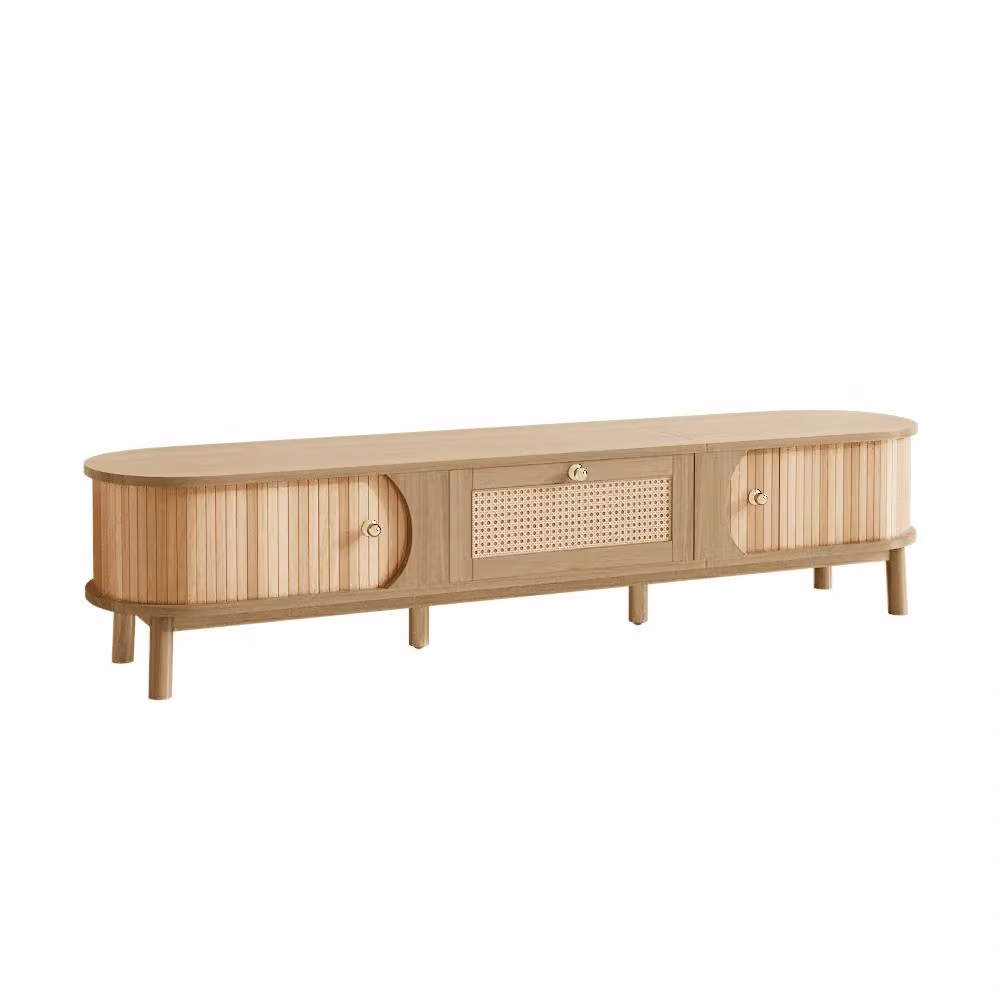 Rolipo Natural Rattan and Solid Wood TV Stand in Brown and Beige, Rustic Storage Unit with Media Compartments, Width: 170 cm – 2