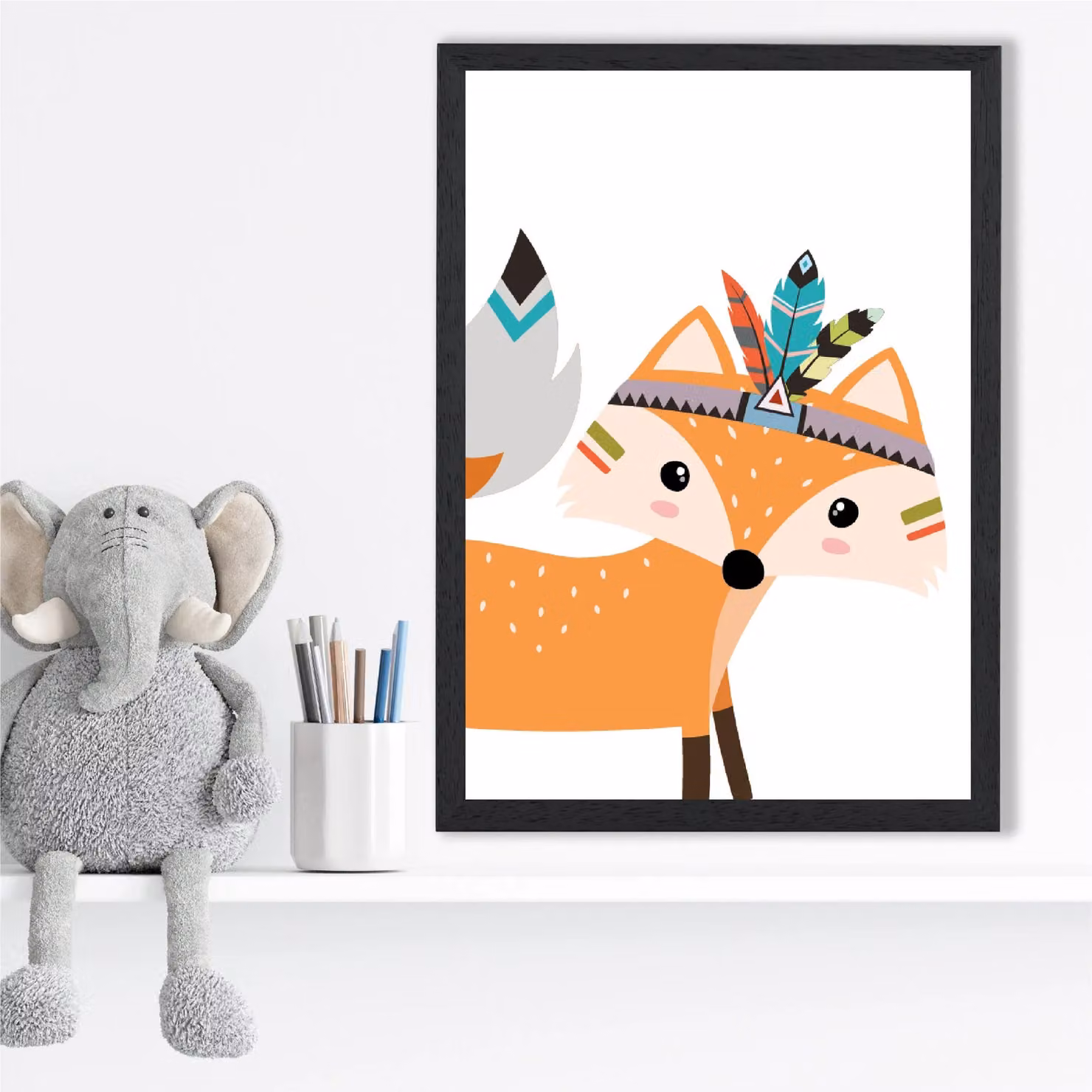 ARTZE Peeking Orange Fox Tribal Animal Framed Print, Black Frame, A2 – 2