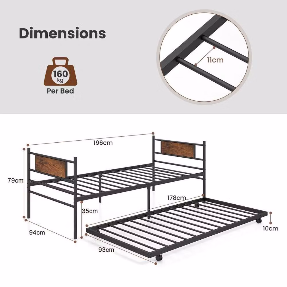 Kelvenix Metal Single Daybed with Pull-out Trundle in Brown, W/D/H: 90 x 200 cm – 2