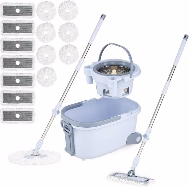 Costway Spin Mop and Bucket Set in Blue with Rectangular and Round Microfibre Mops, Dual Tank, Telescopic Handle and 14 Pads – 1