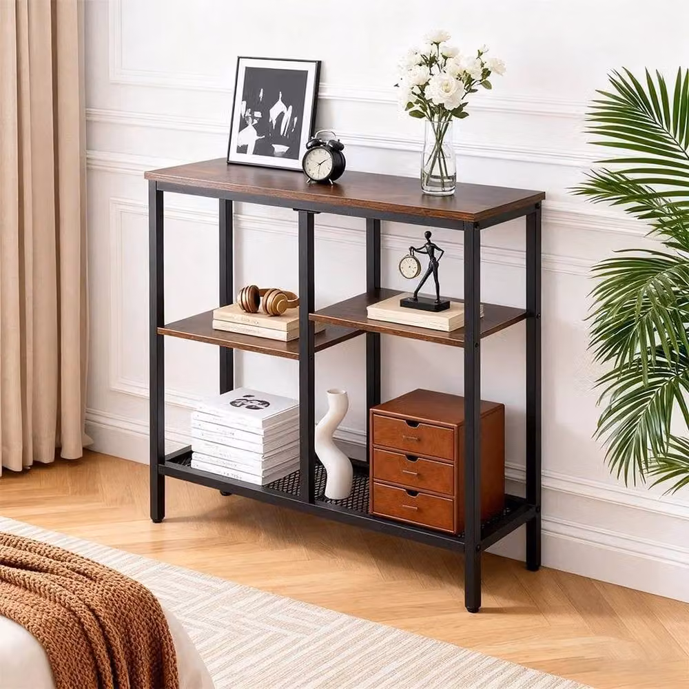 KORVIXA Industrial 4-Tier Narrow Console Sofa Table in Brown – 3