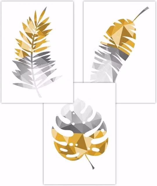 ARTZE Set of 3 Geometric Tropical Leaves Art Posters in Yellow and Grey, W: 42 cm, H: 59 cm