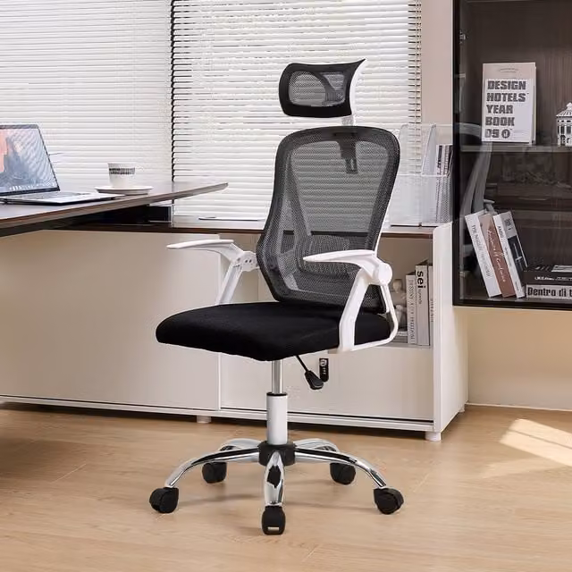 Livingandhome Modern Executive Swivel Office Chair with Headrest and Armrests in White, Black and Silver