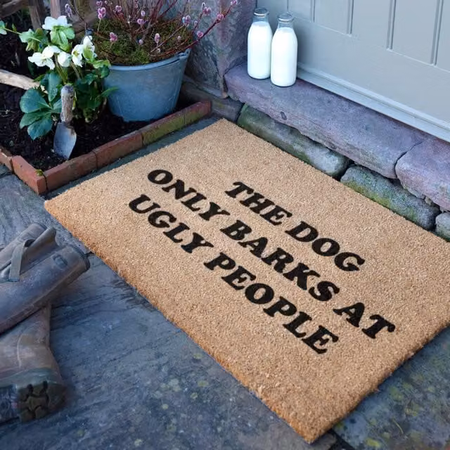 Artsy Mats Dog Barks At Ugly People Coir Doormat, Brown, W: 90 cm, D: 60 cm – 1