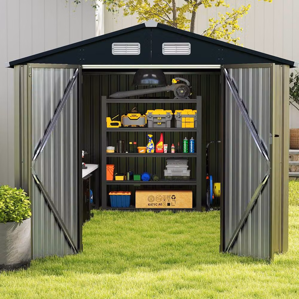 Costway Grey Galvanised Steel Outdoor Storage Shed with Pent Roof and Double Doors, W/D/H: 226 x 197 x 236 cm – 3