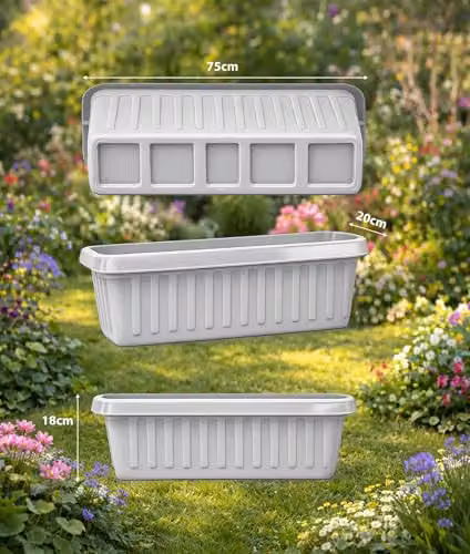 Simpa Set of 2 Plastic Chunky Trough Planter Pots in Grey, Length: 75 cm – 3