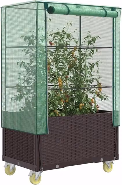 Berkfield Home Raised Bed with Cover and Wheels in Brown Rattan Look, W: 80 cm, D: 50 cm, H: 182 cm