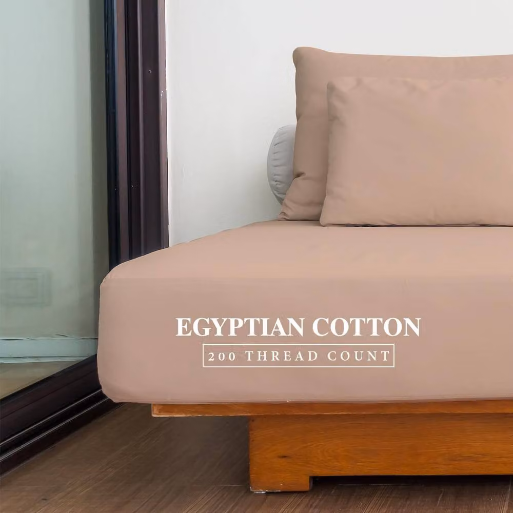 Homes-Linen 100% Egyptian Cotton 200TC Fitted Sheet in Beige, Size: Double (140 x 200 cm), Depth: 30 cm – 2
