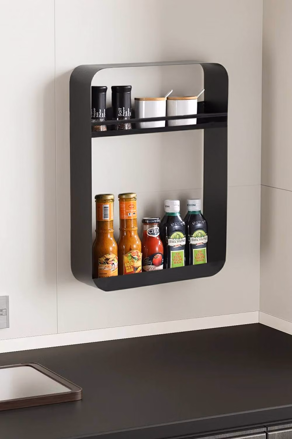 Living and Home 2-tier Wall-Mounted Metal Spice Rack Organiser in Black, W: 40 cm, H: 30 cm – 2