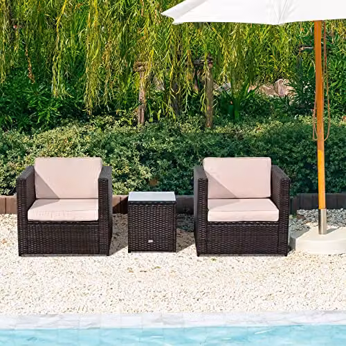 Outsunny 3 Piece Rattan Garden Furniture Set with Upholstered Cushions and Glass Top Coffee Table, Brown – 3