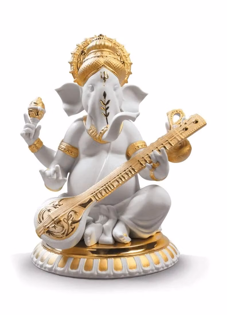 Lladró Veena Ganesha Porcelain Figurine in White and Gold