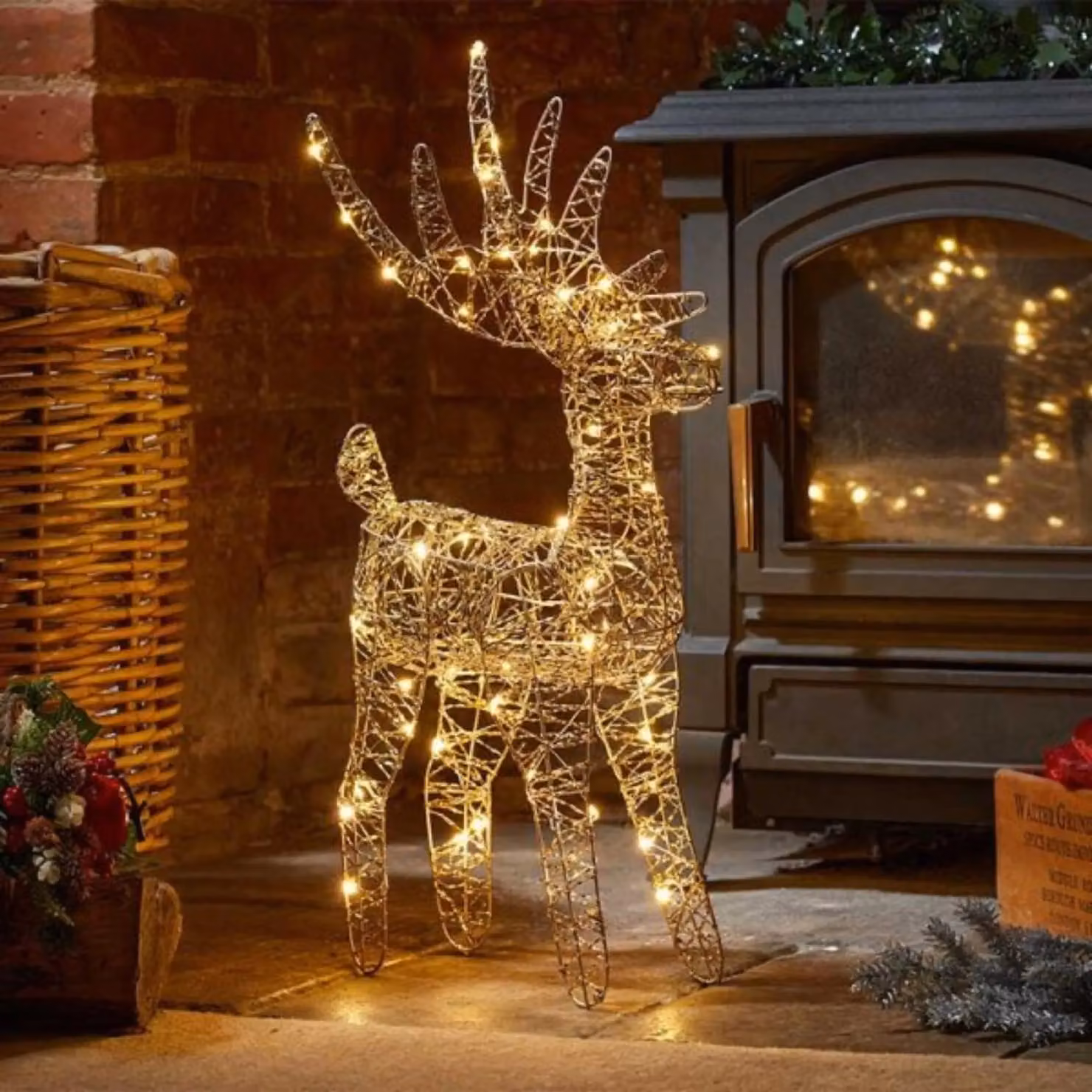 Samuel Alexander Gold Weave Reindeer Tabletop Decoration with Warm White LEDs, Height: 43 cm – 2