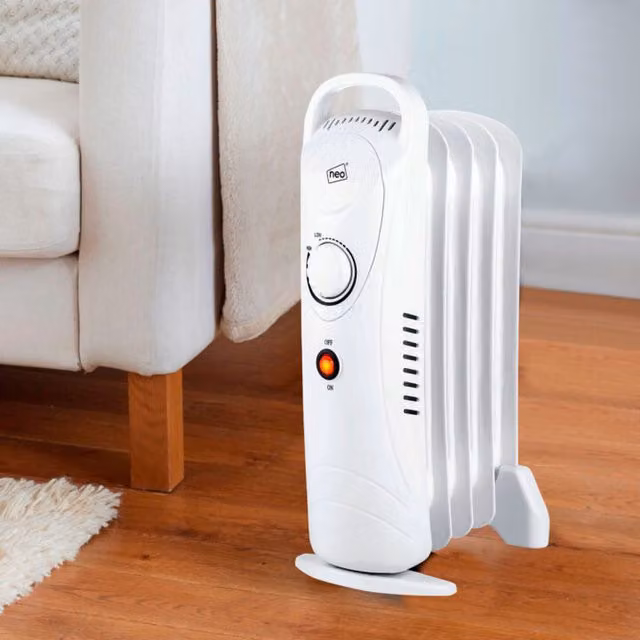 Neo 650W 5 Fin Oil Filled Electric Radiator, White Freestanding Metal Heater with Thermostat and Safety Protection