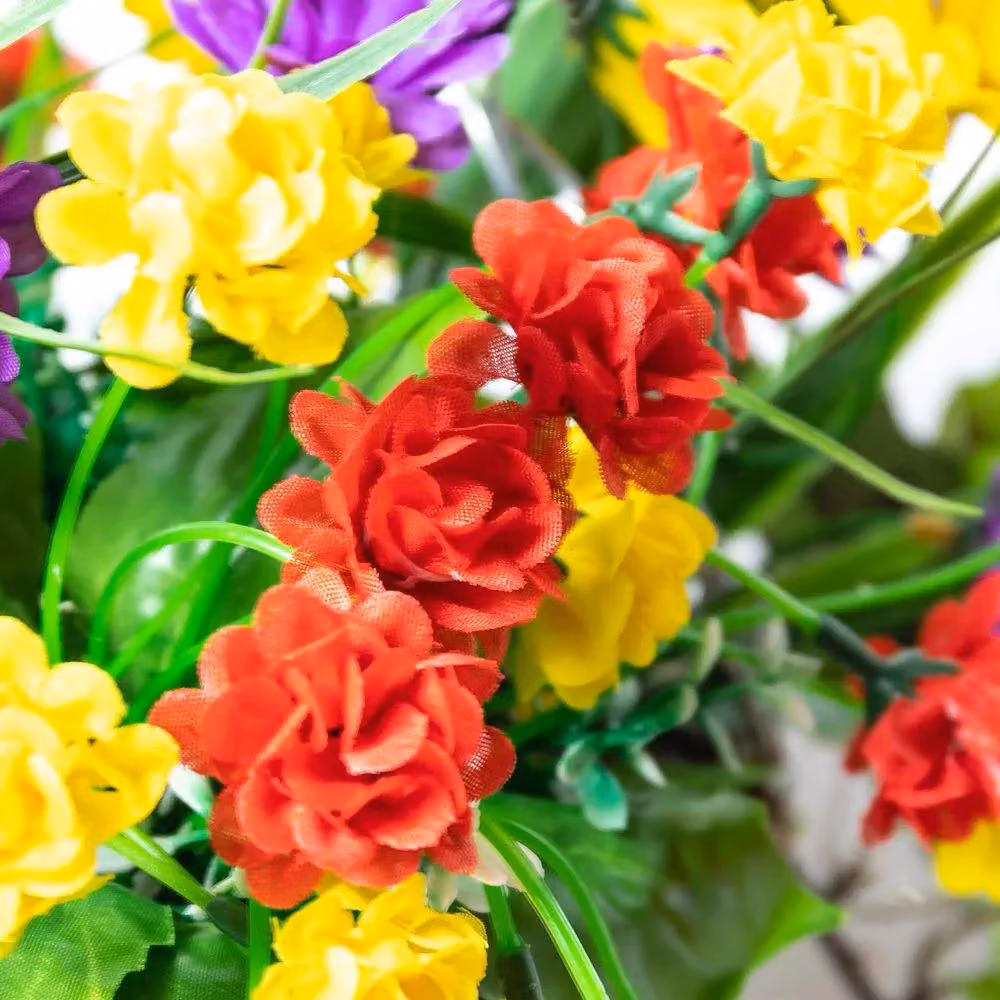 Primrose Pair of Artificial Wildflower Hanging Baskets in Rattan, Multicolour Purple, Yellow and Orange, Diameter: 25 cm – 4