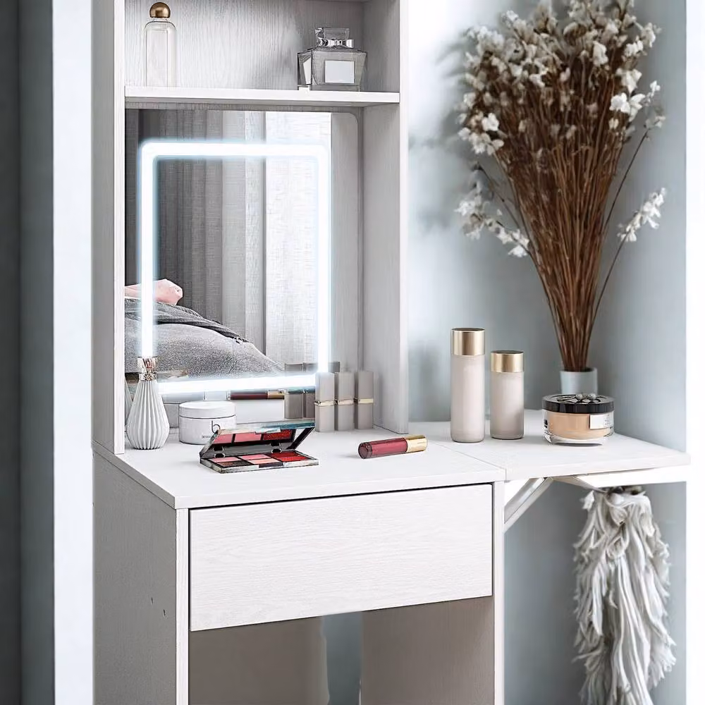 Pirlo Plush White Drop Leaf Dressing Table with 1 Drawer, Mirror and LED Lights, W/D/H: 152 x 45 x 45 cm – 3