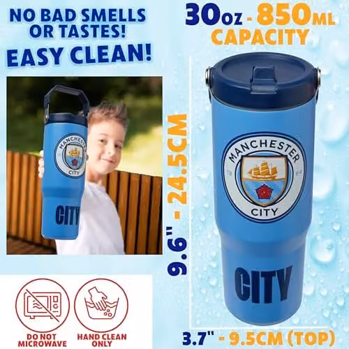 Get Trend Manchester City Insulated Stainless Steel Tumbler with Straw and Handle, 850ml, Blue – 6