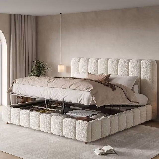 BTM King Bouclé Upholstered Storage Bed with Hydraulic Lift-Up Base, White, W: 150 cm, L: 200 cm – 1