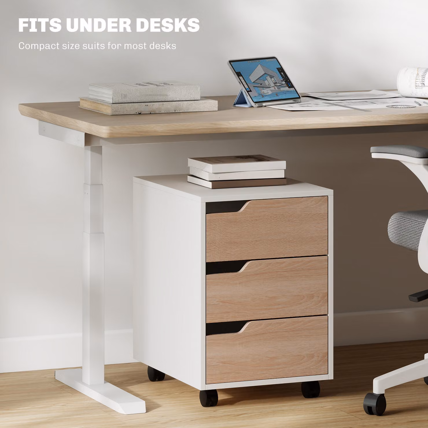 HOMCOM Mobile File Cabinet with 3 Lockable Drawers, Oak and White MDF Office Storage Unit – 5