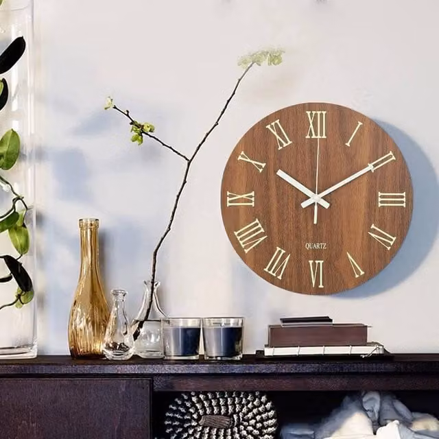 PAWNORA Round Luminous Analog Wall Clock with Roman Numerals in Brown, Diameter: 30.48 cm – 1