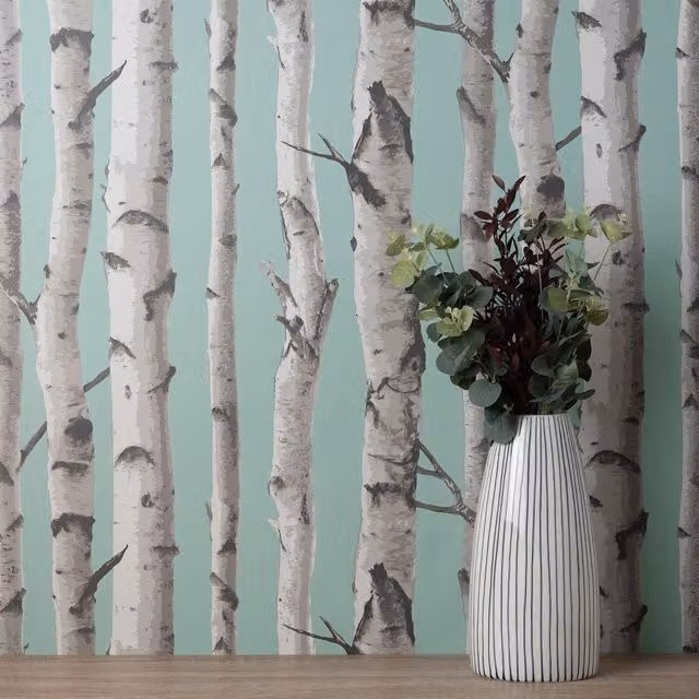 Fine Decor Blue and Green Botanical Birch Trees Floral Wallpaper