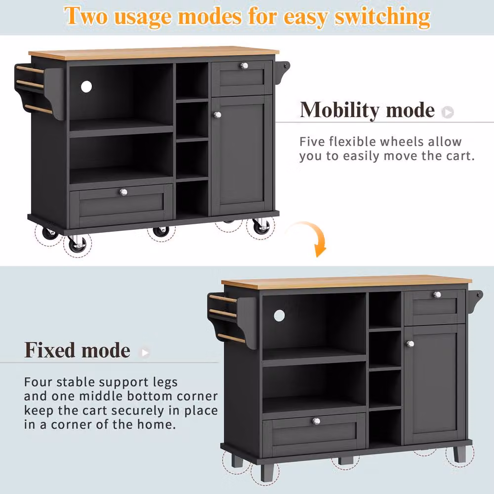 Rolipo Mobile Kitchen Island Trolley with Wood Top and Storage in Black and Brown – 4