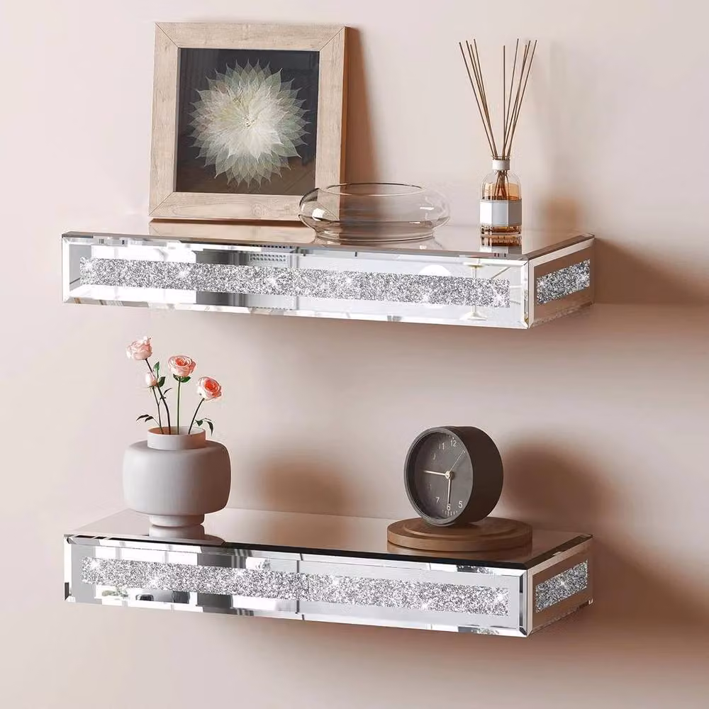 FLAVORA Crushed Diamond Glass Floating Display Shelves in Silver – 3