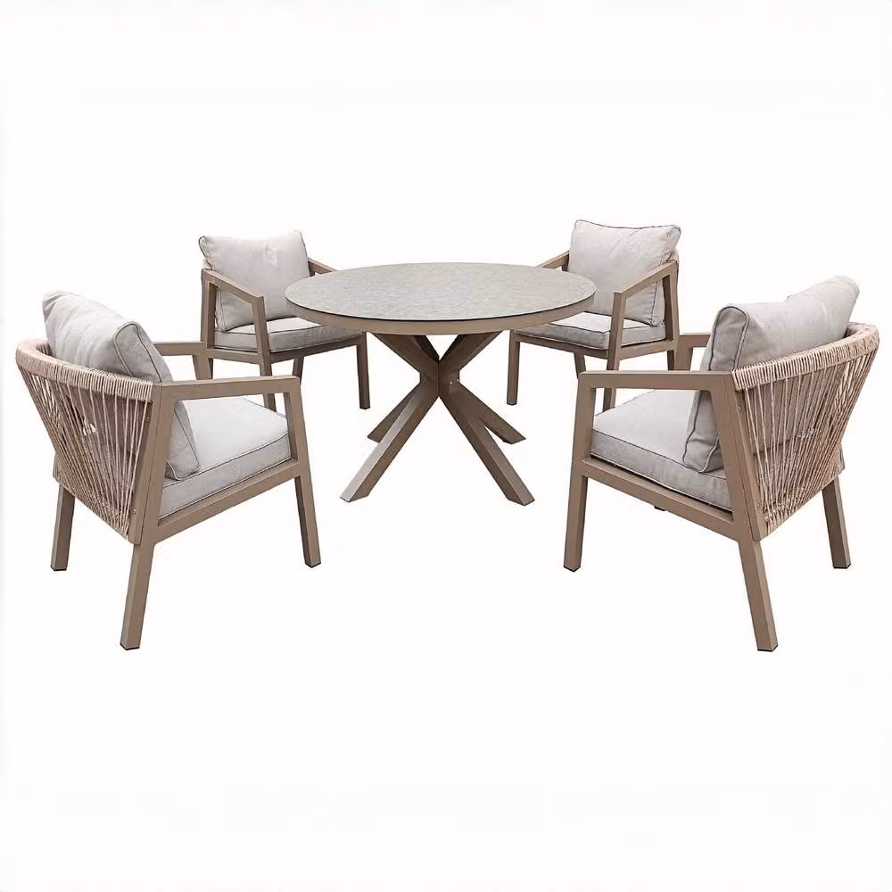 FURNITURE ONE 4 Seater Aluminium and Glass Garden Dining Set with 120 cm Round Table in Beige and Grey – 2