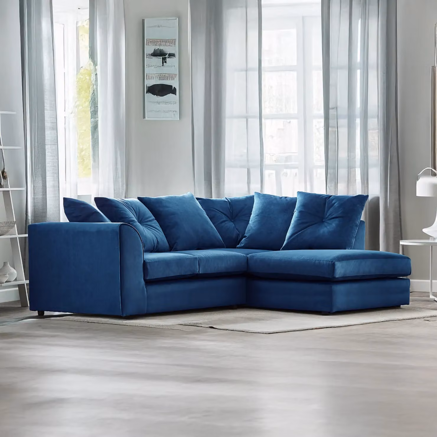 Furnishings For Less UK Fernando Blue Soft Plush Velvet 3 to 4 Seater L Shaped Corner Sofa, Right Hand Facing with Scatter Back – 2
