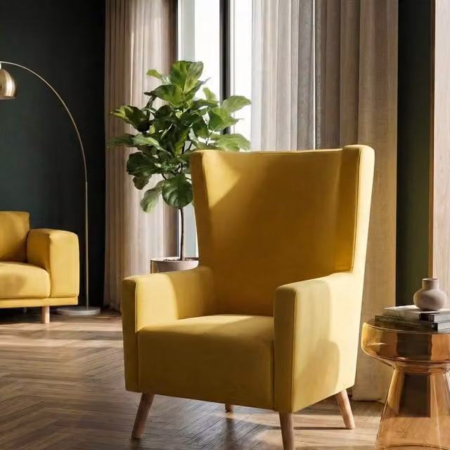 Wyld and Coco Mid-Century Yellow Velvet Wingback Lounge Chair with Rubberwood Legs – 1