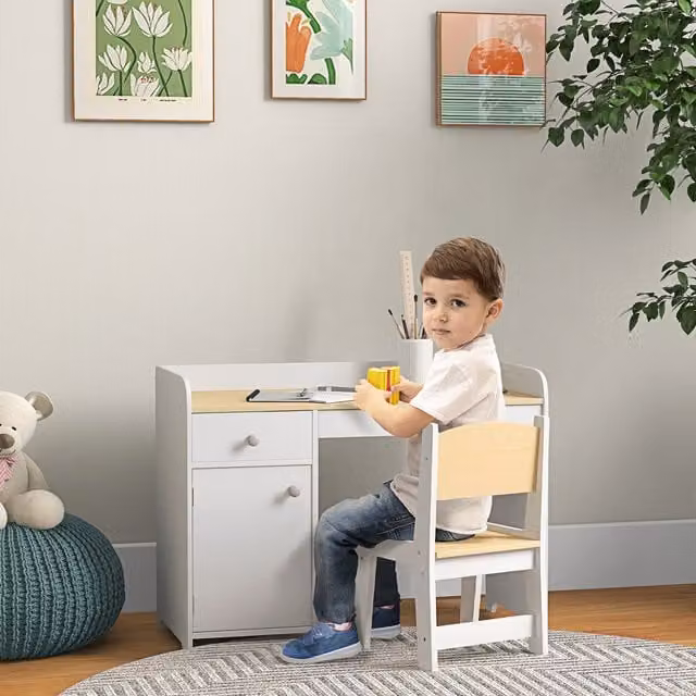 ZONEKIZ Kids Desk and Chair Set with Storage Drawer for 3-6 Year Olds, White