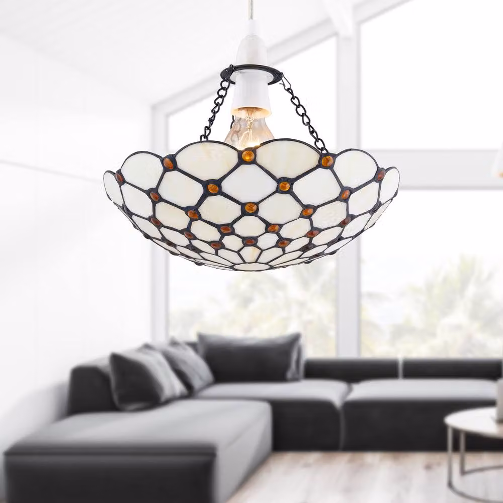 First Choice Lighting Nicolson Set of 2 Natural Tiffany Easy Fit Pendant Shades in Beige and Multicolour Glass – 3