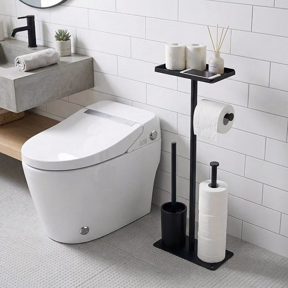 Kelvenix 4-in-1 Freestanding Black Metal Toilet Paper Holder with Spare Roll Holder and Brush – 3