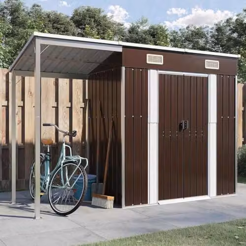 vidaXL Steel Garden Shed with Extended Pent Roof, Brown, W: 277 cm, D: 107 cm, H: 181 cm – 2