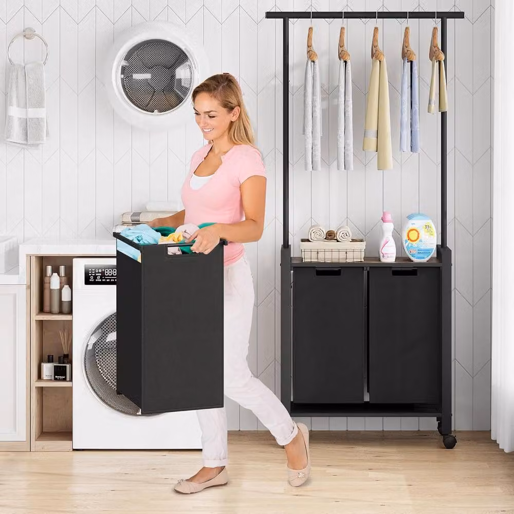 London Boutique Mobile Laundry Sorter Hamper Rack with Hanging Rod and Baskets in Black and Multicolour – 6