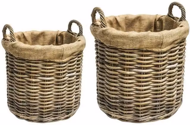 Lemon Pavilion Furniture and Decor Brown Wicker Log Baskets, Set of 2, Round with Linings