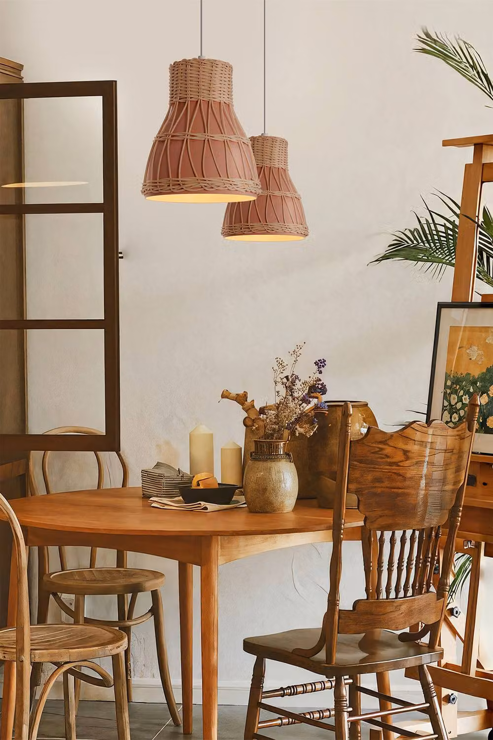 Living and Home Handmade Rattan Pendant Light, Pink and Brown Woven Cone Ceiling Lamp – 3