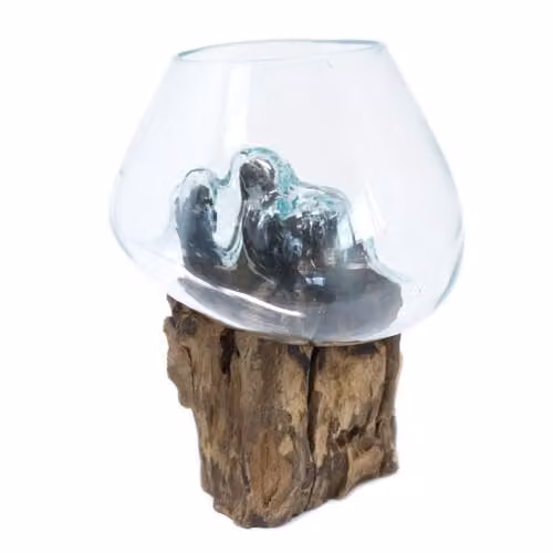 Serenityy Large Hand-Blown Molten Glass and Wood Bowl in Brown and Transparent, W/D/H: 22 x 22 x 18 cm