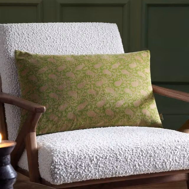 Paoletti Seventy Three Boteh Printed Velvet Boudoir Cushion, Verdie Natural Green and Beige, W: 60 cm, H: 40 cm