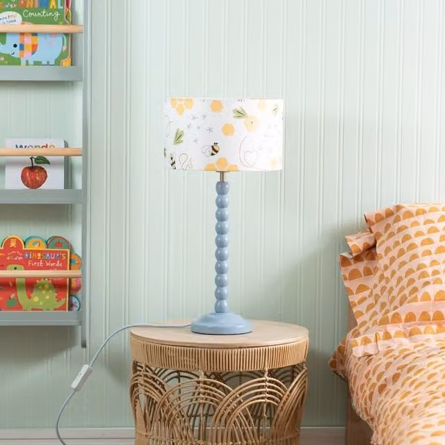 ValueLights Blue Bobbin Stem Table Lamp with Kids Drum Shade and LED Bulb in Powder Blue/Bee