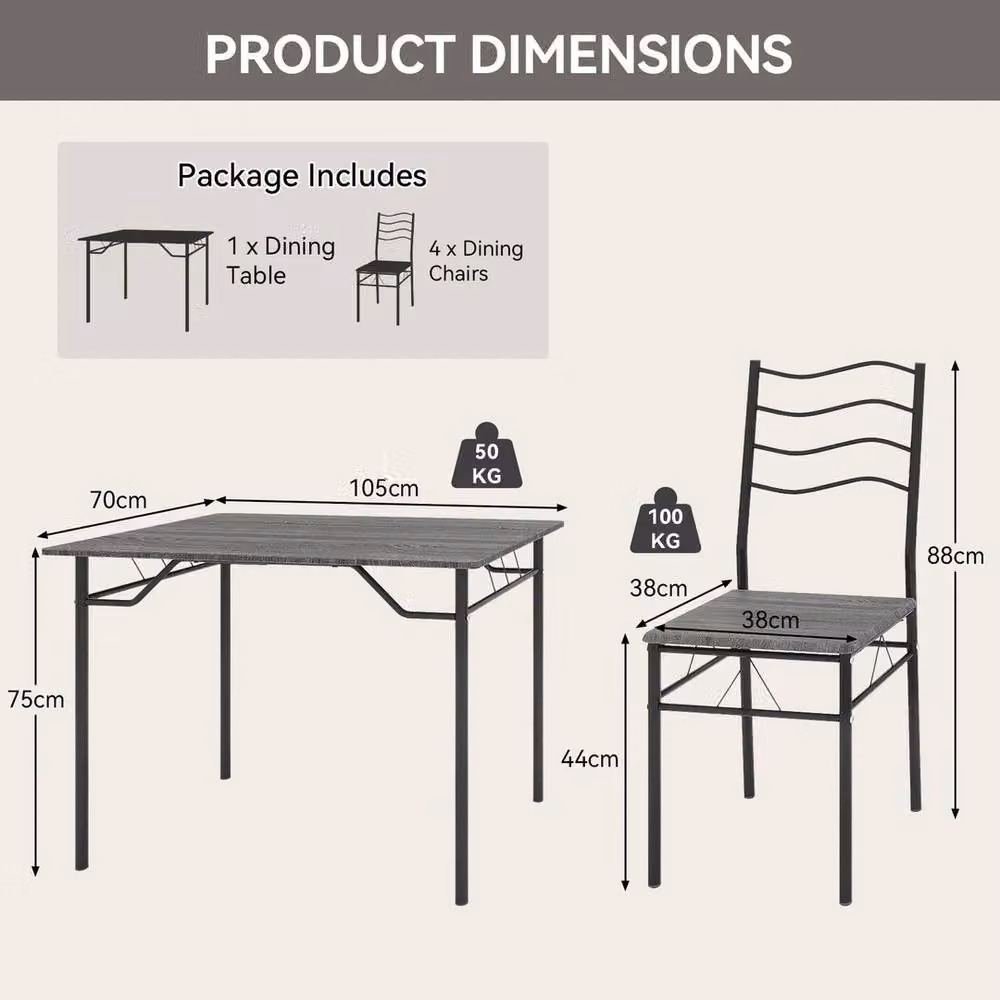 KORVIXA Dining Table and 4 Chair Set in Grey with Rustic MDF and Metal Design – 2