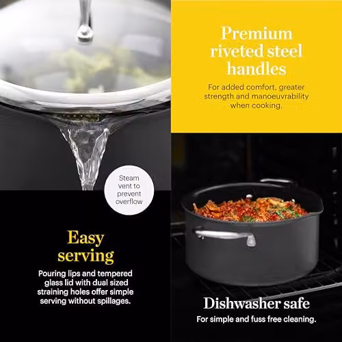 Tower Hard Anodised 24cm Casserole Dish with Tempered Glass Lid and Ceramic Non-Stick Coating, Grey – 5