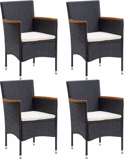 Berkfield Home Garden Set of 4 Black Poly Rattan Dining Chairs with Cushions