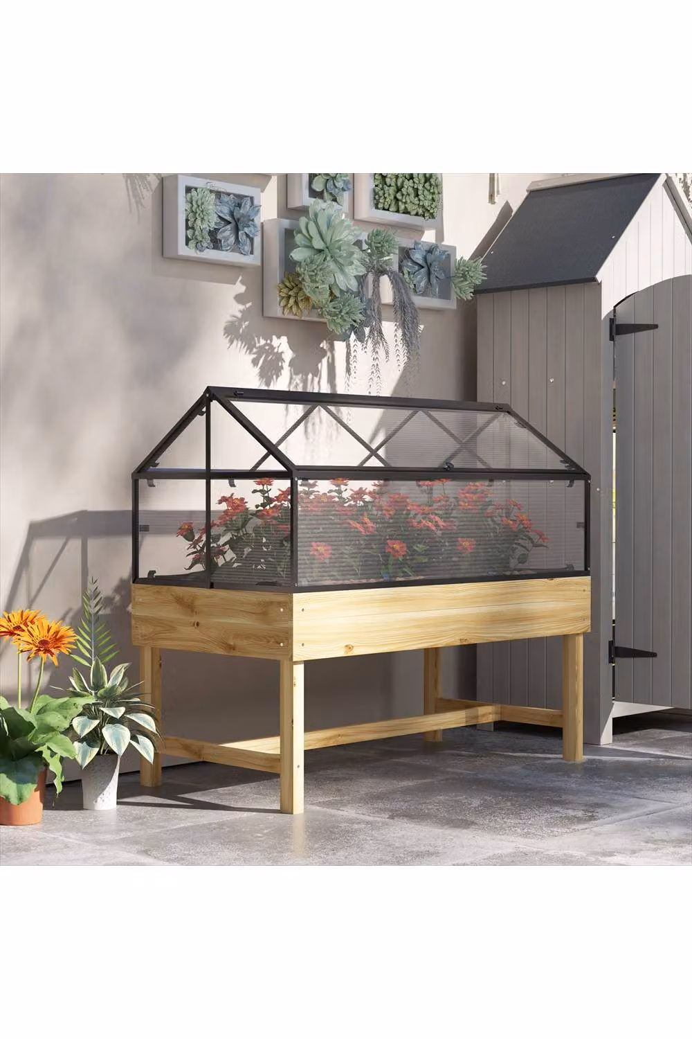 ERGOVEXA Raised Garden Bed with Wooden Base and Polycarbonate Flip Top in Brown, W/D/H: 120 x 60 x 103 cm – 3